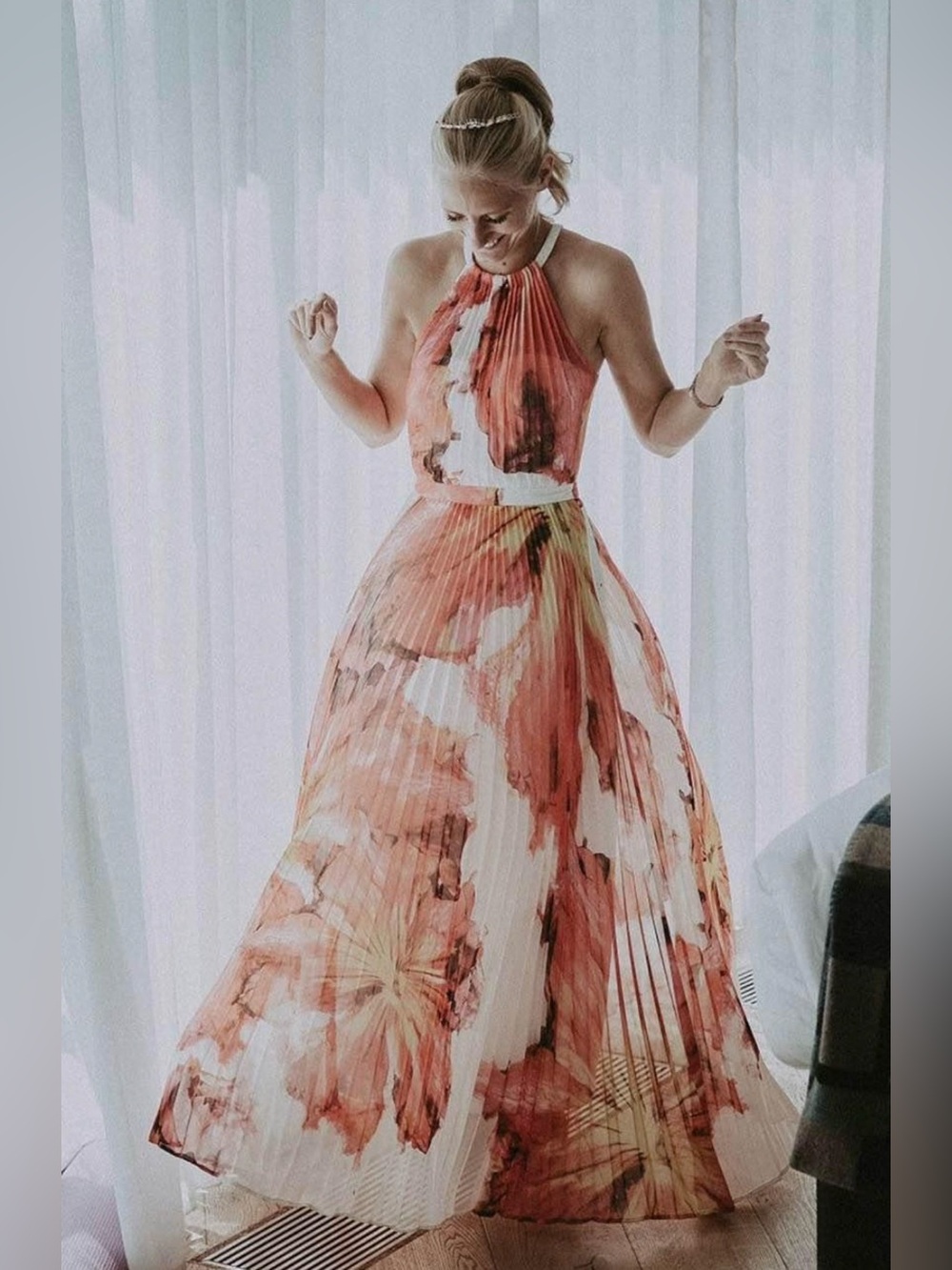 established  Pleated Floral Maxi Dress in Coral and White